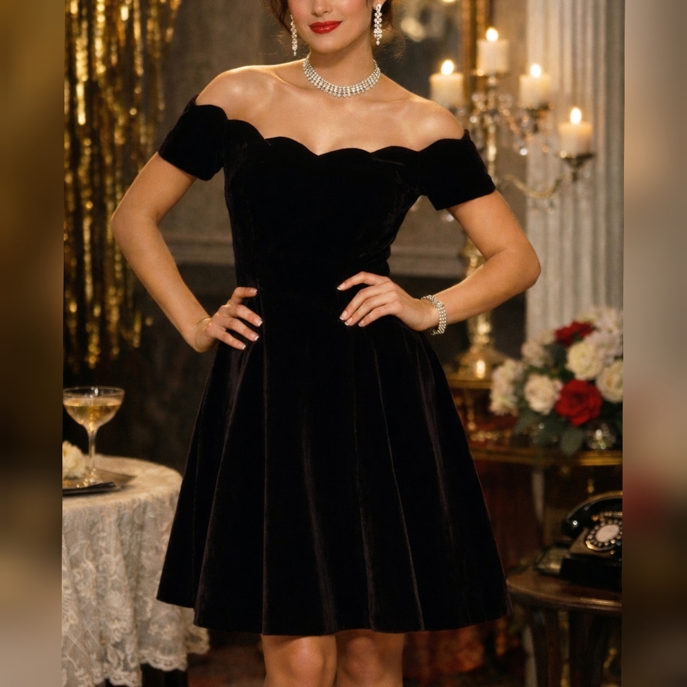 Cheryl Kaye Vintage 80s 90s Black Velvet Short Prom Party Formal Dress sz 6